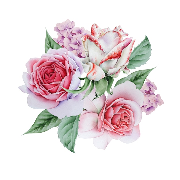 Aquarellblumenstrauß mit Rosen. Illustration. Handgemalt.