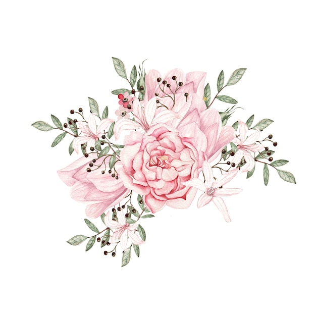 Aquarellblumenstrauß mit Rosen und Pfingstrosenblumen Illustration