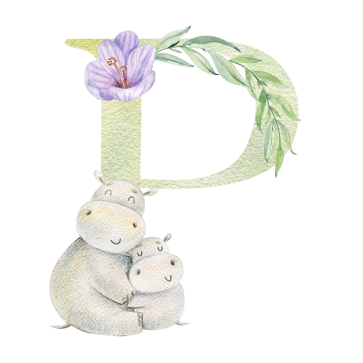 Foto aquarellbuchstabe p mit mama und baby