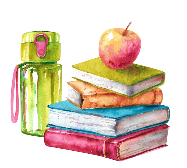 Aquarellbücher Stapel Schulbücher mit Apfel und Wasserflasche