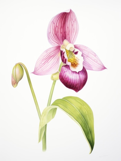 Aquarelldarstellung der Frauenschuh-Orchideenblume auf einer weißen Leinwand, KI-generiert