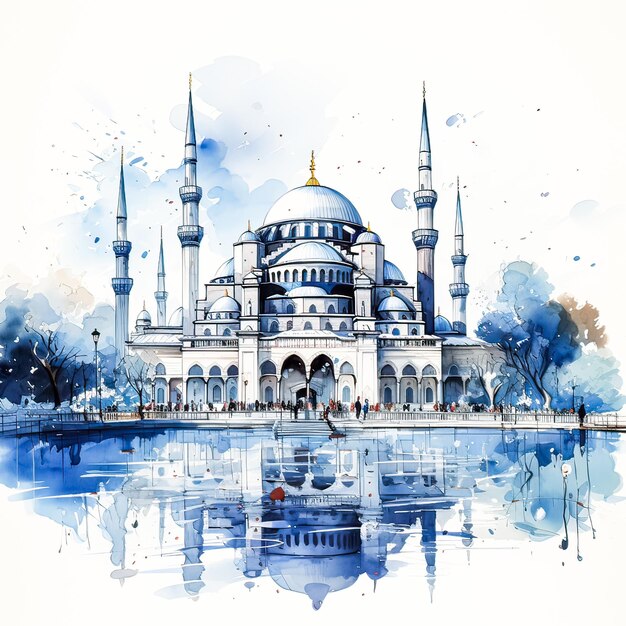 Aquarelldarstellung eines Tempels im türkischen Stil, der sein zeitloses Design bewahrt