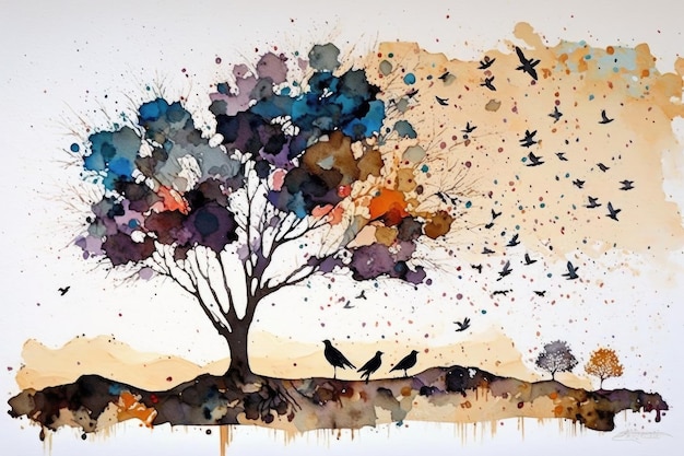 Aquarelle pintura sobre papel de paisaje y árbol con bandada voladora de pájaros arte moderno collage crea