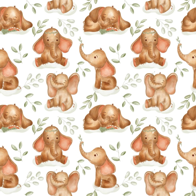Aquarellelefanten für Kinderzimmer, nahtloses Muster auf weißem Hintergrund. Süße Elefantenbabys im Boho-Stil. Verwendung für Textilien, Kinderzimmer, Tapeten, Wrapper, Kinderzimmer.