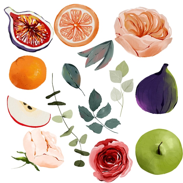 Foto aquarellelemente für blumensträuße mit rosen, äpfeln, eukalyptus, orangen