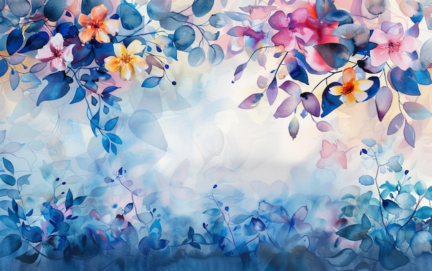 Aquarellfarbe mit mehrfarbigen Blumen als Hintergrund