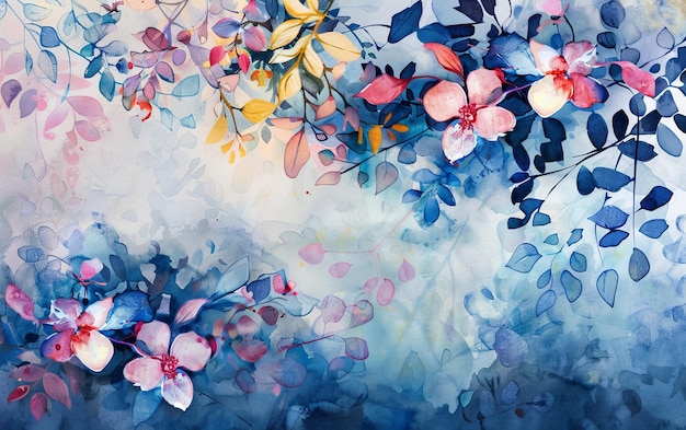 Aquarellfarbe mit mehrfarbigen Blumen als Hintergrund