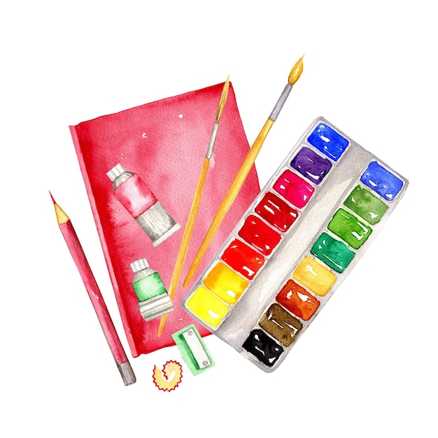 Aquarellfarbe Pinsel Bleistiftschärfer Skizzenbuch in Aquarellen gezeichnet