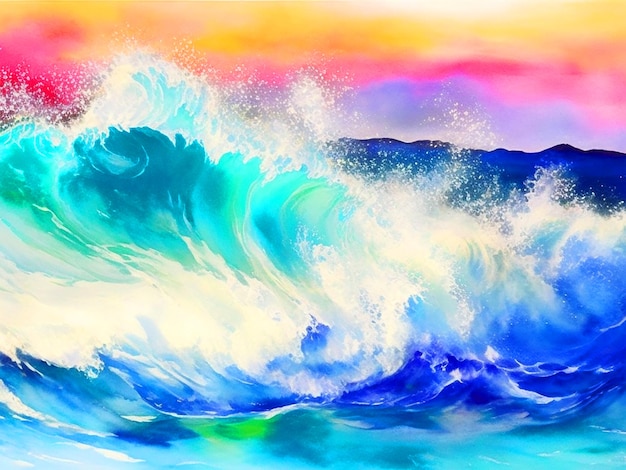 Foto aquarellfarben, um die bewegung und energie der ozeanwellen darzustellen.