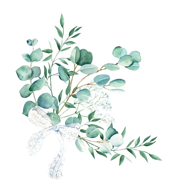 Aquarellfarbener Laubstrauß mit weißer Spitzenschleife, Eukalyptus-Gypsophila und Pistazienzweigen