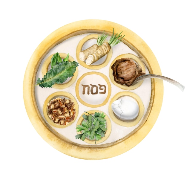 Aquarellfarbener Pessach-Seder-Teller mit festlichem Essen, Meerrettich, Petersilie, Ei, Lammbeinknochen