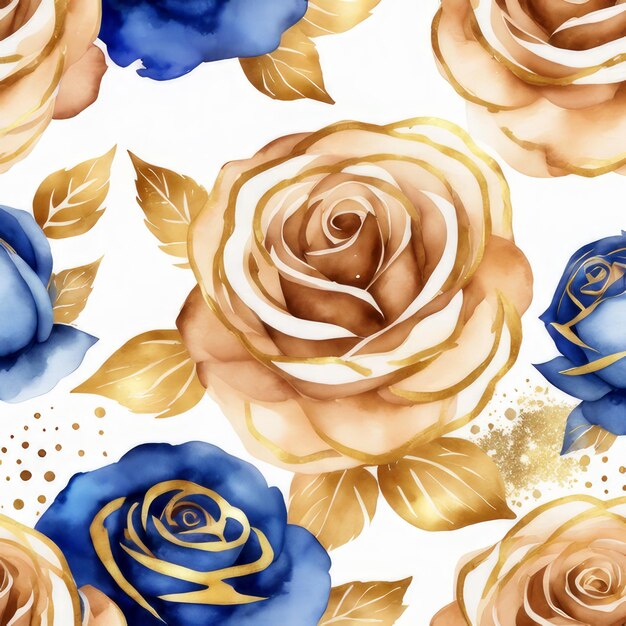 Aquarellfarbenes, blaues und goldenes Rosen-Illustrationsmuster-Design