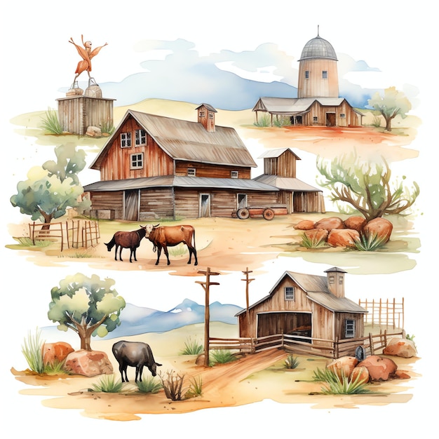 Aquarellfarm western wild west cowboy wüsten illustration clipart