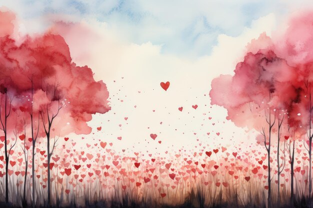 Aquarellfeld mit blühenden Bäumen und Herzen in der Luft Valentinstagshochzeitseinladung