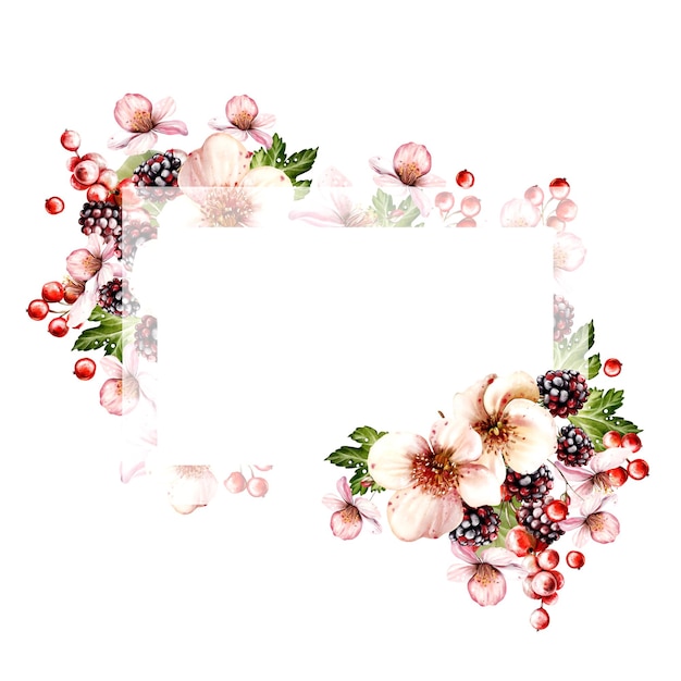 Aquarellfestliche Einladungsrahmen aus Blumen und Obstbeeren mit grünen Blättern