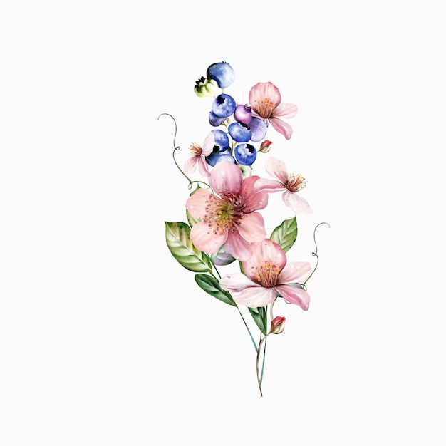 Aquarellfestlicher Blumenstrauß mit schönen Blumen und fruchtigen Schwarzbeeren mit grünen Blättern