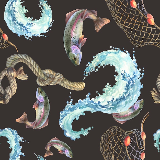 Aquarellfischerei nahtloses Muster handgezeichneter Forelle Spritzwelle Wasserfischerei Netz und Seil illustra