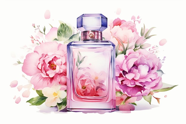 Aquarellflasche Parfüm mit Blumen