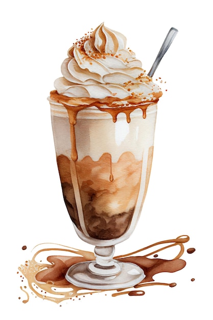 Aquarellglas Eiskaramell-Latte-Kaffee mit Schlagsahne isoliert auf weißer generativer AI-Illustration