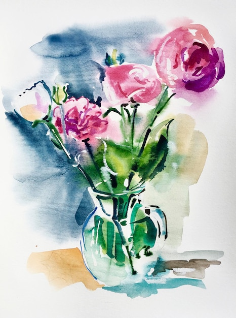 Aquarellgrafik von rosa Blumen in einer Glasvase