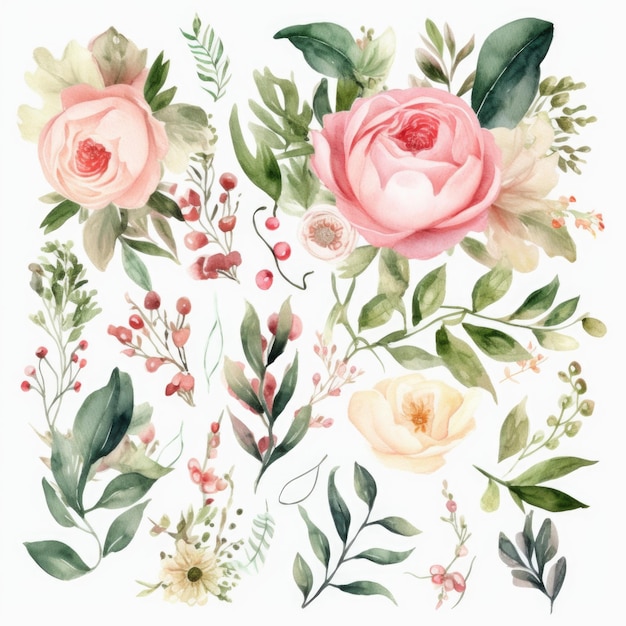 Aquarellgrün botanisches Laub Clipart für Hochzeitseinladung Generative KI