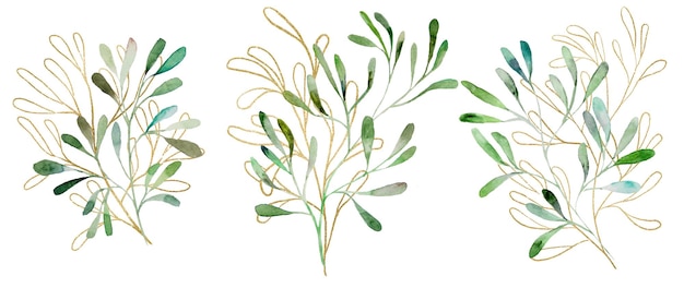 Aquarellgrün und goldene winzige Blätter isolierte Illustration Hochzeitsbriefe
