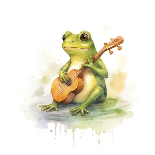 Aquarellgrüner Frosch, der ein winziges Musikinstrument auf weißem Hintergrund spielt