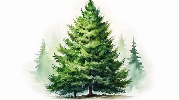 Foto aquarellgrüner weihnachtsbaum auf weißem hintergrund