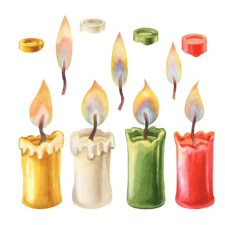 Foto aquarellgrünes gold weißes rotes weihnachtskerzen mit flamme und kerzenlicht