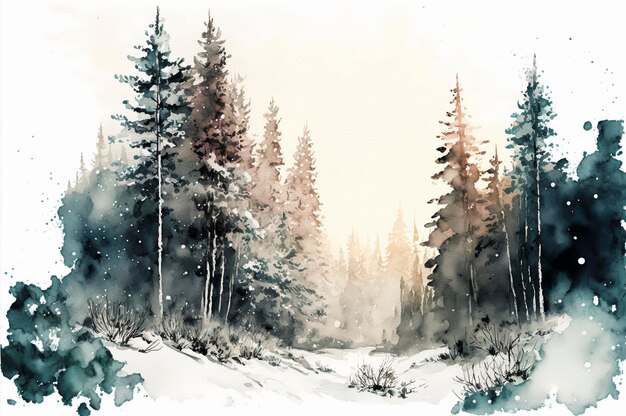 Aquarellhintergrund gezeichnete Landschaft des nebligen Waldes Wilde Natur gefrorene neblige Taiga Erstellt mit generativer KI-Technologie