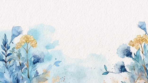 Aquarellhintergrund mit einer blauen Blume und einem gelben Schmetterling.