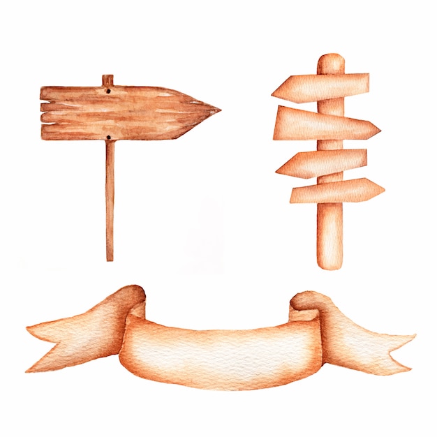 Aquarellholzschildbretter und -pfeile eingestellt Aquarellband Handgemalte Sammlung hölzernes Planken clipart.