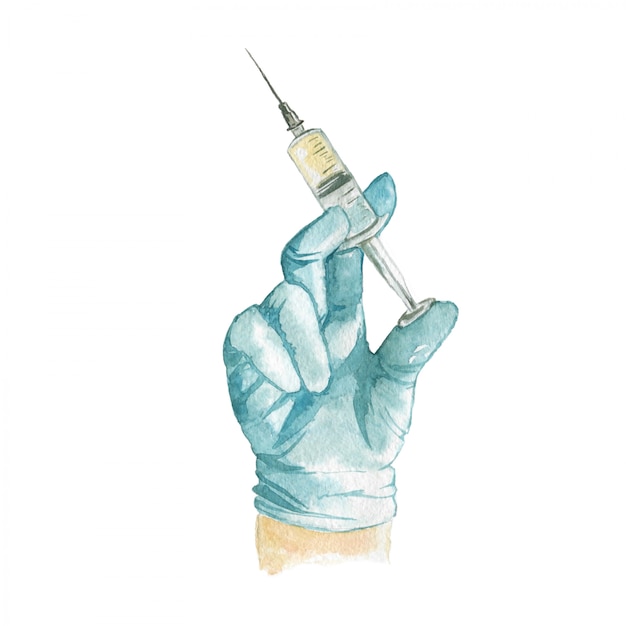Aquarellillustration der Hand eines Arztes in einem blauen Handschuh mit einer Spritze