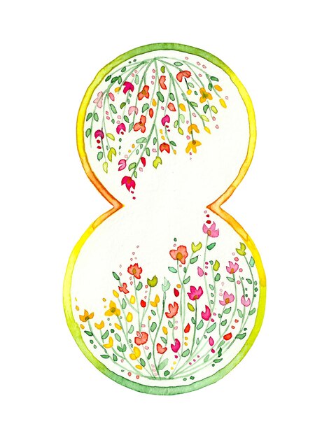 Aquarellillustration der Nummer acht im Frühlingsstil für den internationalen Frauentag.