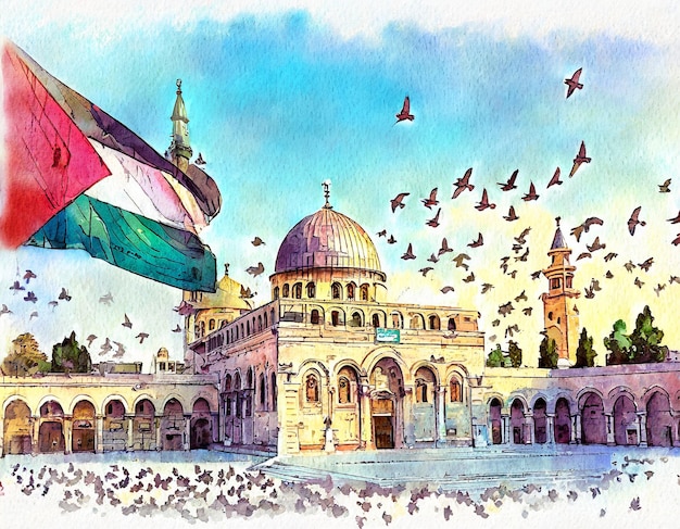 Aquarellillustration der palästinensischen Flagge in der Al-Aqsa-Moschee