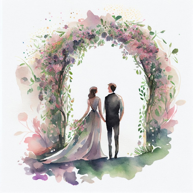 Aquarellillustration der schönen rückansicht des hochzeitspaares