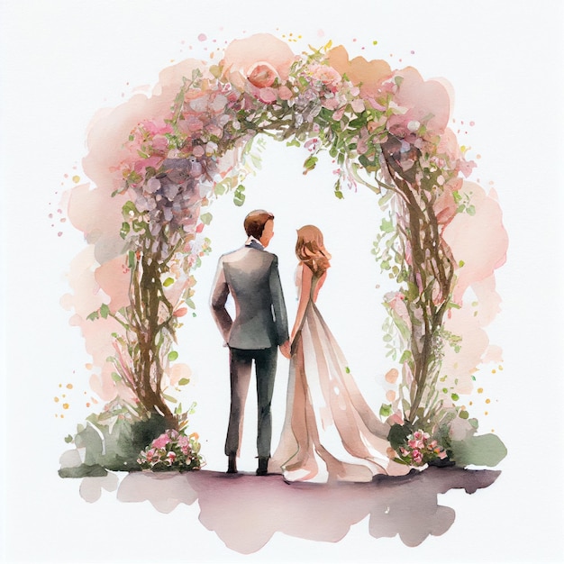 Aquarellillustration der schönen rückansicht des hochzeitspaares