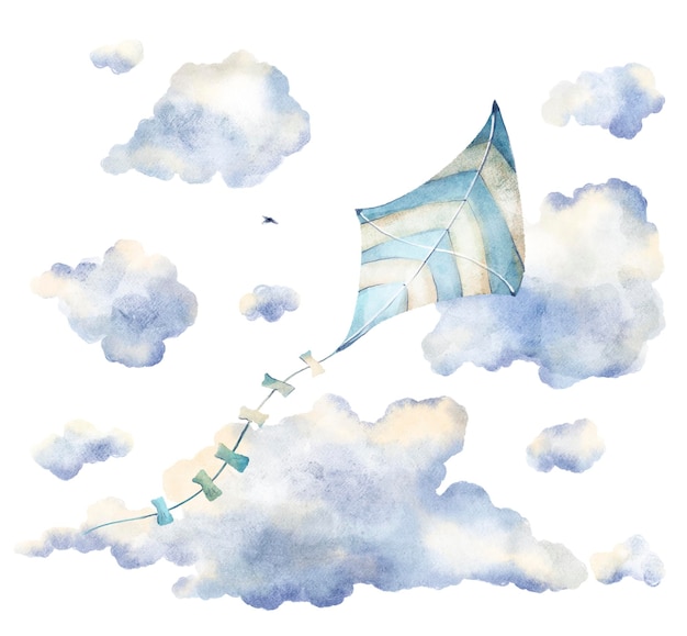 Aquarellillustration des bunten Himmeldrachenspielzeugs in den blauen Wolken. Zarte Komposition im Vintage-Stil