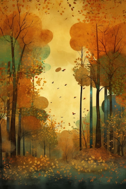 Aquarellillustration des frühen Herbstes im Wald