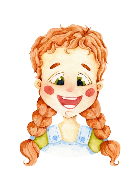 Aquarellillustration des glücklichen Mädchens auf Weiß. Charakterdesign für das Gesicht des Mädchens. Spannendes Emotionsgesicht