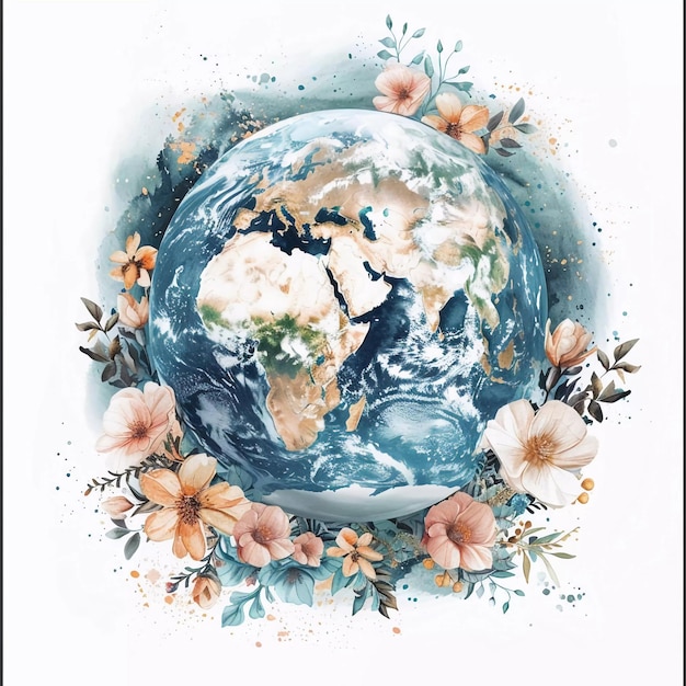 Aquarellillustration des Planeten Erde mit Blumendekoration Tätowierungsskizze Tag der Erde