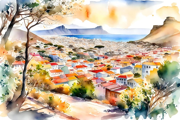 Aquarellillustration des Stadtbildes mit Häusern, Bäumen und Bergen