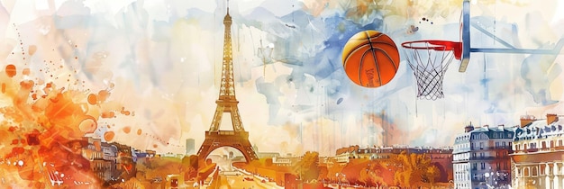 Aquarellillustration die Olympischen Sommerspiele in Paris ein Basketballplatz vor dem Hintergrund des Eiffelturms und ein Panorama der Sehenswürdigkeiten von Paris