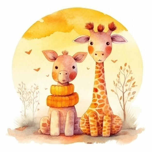 Aquarellillustration einer Giraffe und einer Giraffe