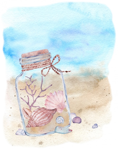 Aquarellillustration einer Glasflasche mit Muscheln und Seetang, die an der Strandküste liegen. Marine Zusammensetzung.