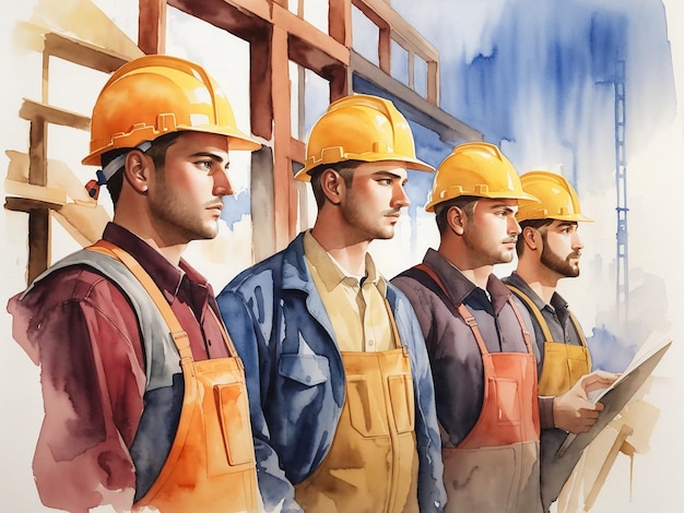 Aquarellillustration einer Gruppe von Bauarbeitern