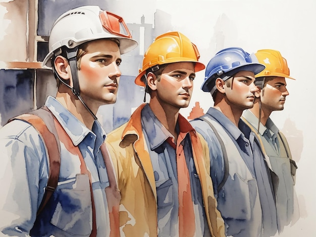 Aquarellillustration einer Gruppe von Bauarbeitern