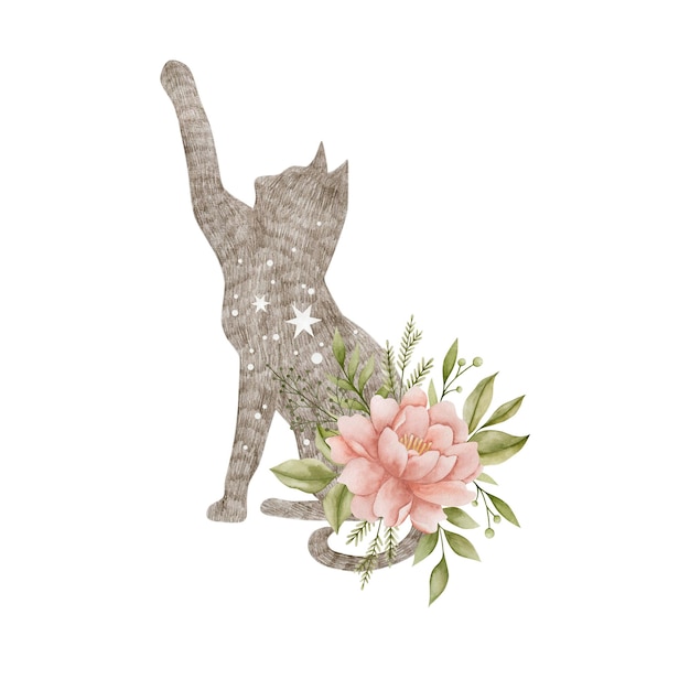 Aquarellillustration einer Katze und eines Blumenstraußes lokalisiert auf einem weißen Hintergrund