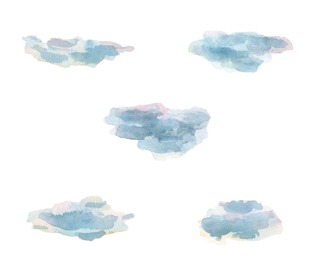 Aquarellillustration einer Reihe süßer luftiger blauer Wolken, die zur Dekoration isoliert sind