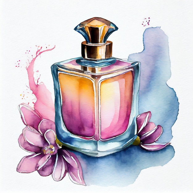 Aquarellillustration einer rosa Parfümflasche, handgezeichnete Kunst für den Druck